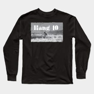 Hang 10 Surfer Riding Wave Retro Distressed Long Sleeve T-Shirt